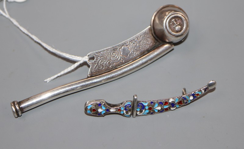 A modern 925 bosuns call, 10.2cm and a white metal and cloisonne enamel dagger brooch, 65mm, gross 27 grams.